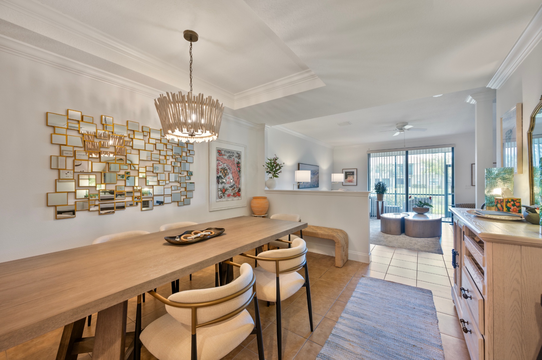 Long dining table and open layout connecting to the living room