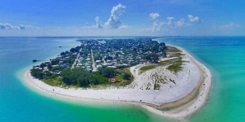 Aerial view of Anna Maria Island with turquoise Gulf waters and white sand beaches